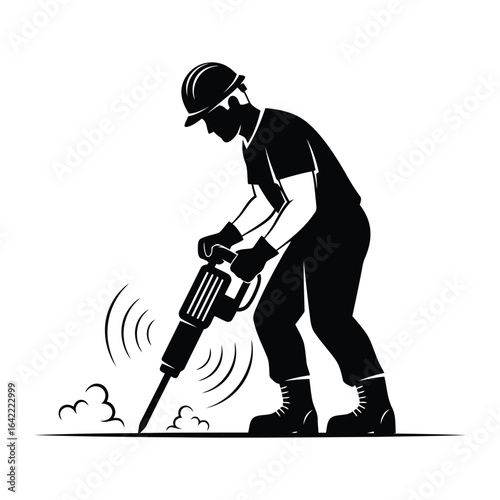 Vector art of construction worker operating a jackhammer to break ground isolated on white background