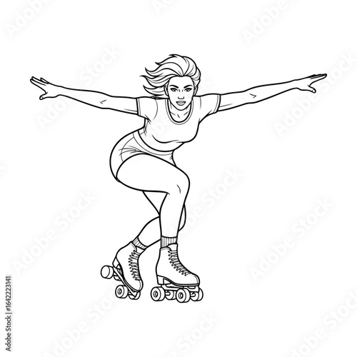 Vector art of woman roller skating with arms outstretched, dynamic pose, isolated on white background