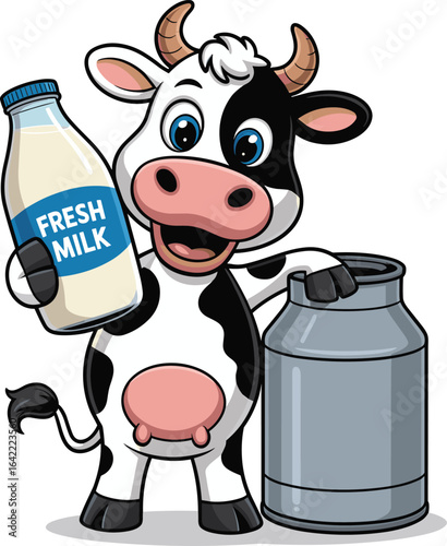 Cartoon cow holding fresh milk bottle, smiling, standing by metal milk can, dairy farm concept, black and white cow