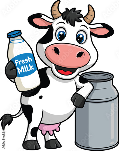 Cartoon dairy cow with fresh milk bottle, cheerful expression, milk can, blue eyes, pink nose, farm animal, milk production concept