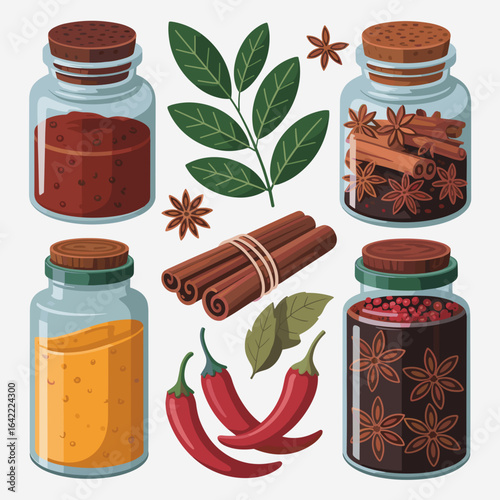 Exotic Spices and Herbs Collection in Jars and Loose