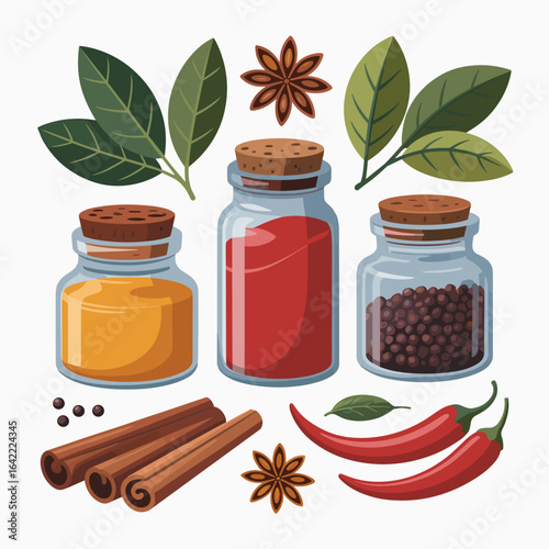Exotic Spices and Herbs Collection in Jars and Loose