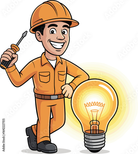 Cartoon electrician with glowing light bulb, orange jumpsuit, hard hat, screwdriver in hand, electrical work concept, bright idea illustration