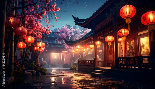Asian temple at night, lanterns, cherry blossoms