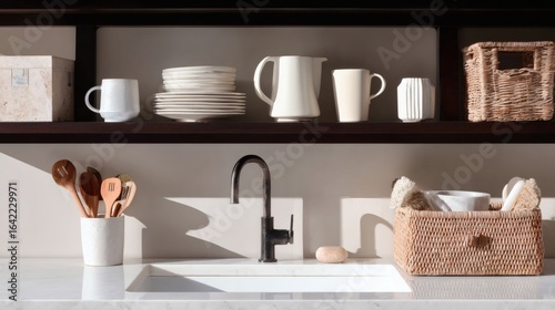 A minimalist kitchen interior featuring clean countertops and basic utensils.