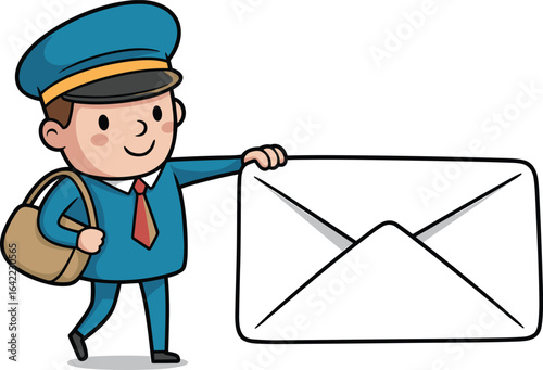 Cartoon mail carrier, blue uniform and cap, oversized white envelope, brown shoulder bag, friendly postal worker, delivery service mascot