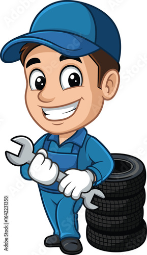 Cartoon mechanic with wrench, blue uniform and gloves, smiling character near tires, vehicle repair concept, automotive service illustration