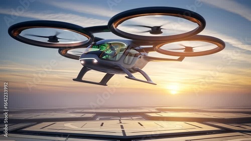 Futuristic flying car or drone taxi flying at sunset