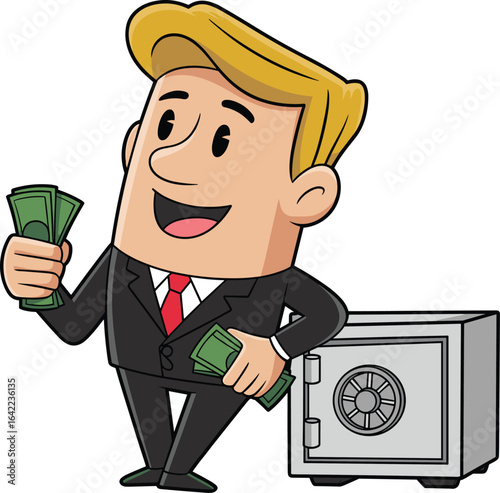 Cartoon rich businessman holding money, blonde man in suit with cash, financial character, banking, wealth, safe, savings, finance