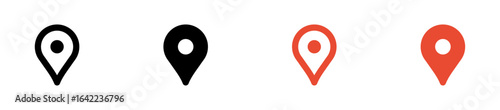 location icon, map pin icons in outline, black, and red styles. for maps, GPS, navigation apps, location markers, address indications, and geolocation interfaces