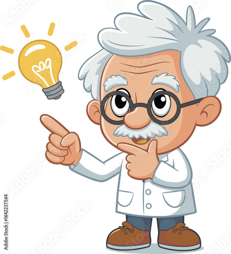 Cartoon scientist with light bulb idea, white lab coat, pointing gesture, innovation concept, white hair, inspiration symbol, inventor character