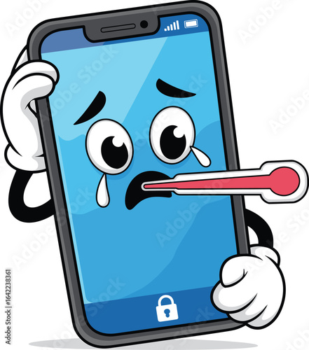 Cartoon sick smartphone, expressive face, thermometer in mouth, lock icon on screen, overheating issue, tech problem mascot illustration