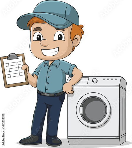 Cartoon technician inspecting washing machine, blue uniform, holding checklist clipboard, front-loading appliance, service concept, repair and maintenance scene