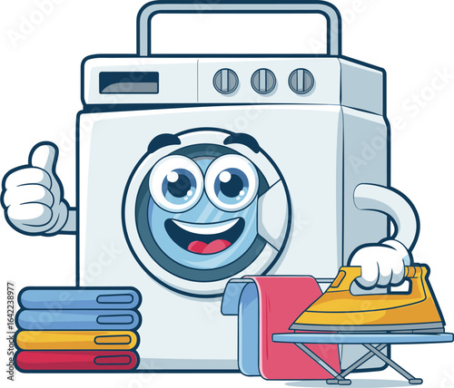 Cartoon washing machine with smiling face, thumbs up, holding iron, folded clothes, ironing board, laundry concept, household chore illustration