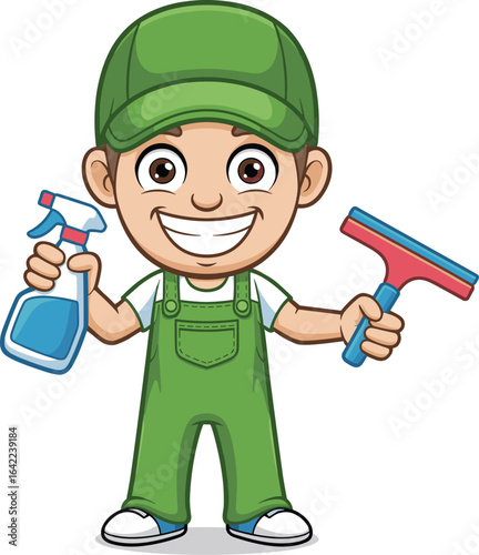 Cartoon window cleaner with spray bottle and squeegee, green uniform, cleaning service character, maintenance profession, hygiene concept