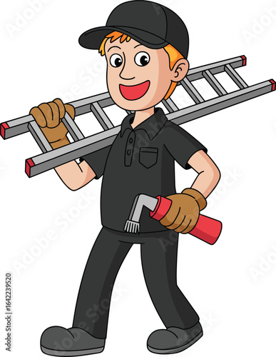Cartoon worker carrying ladder, holding welding torch, professional handyman, construction repairman, smiling technician, tradesman in uniform, occupational safety gloves, vector illustration