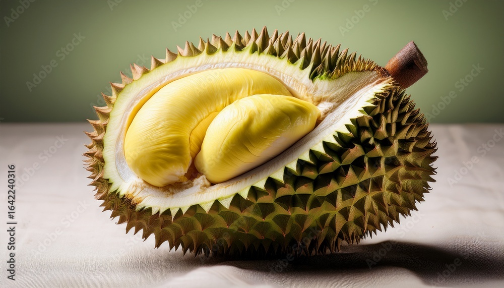 Obraz premium durian fruit half a close up shot of a ripe durian fruit split open to reveal its creamy yellow flesh the spiky green rind contrasts beautifully with the soft pale yellow inside
