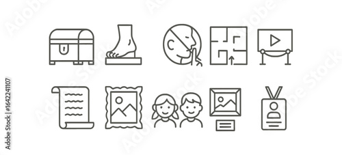 Treasure hunt line icon set. map, chest, clues, adventure linear collection