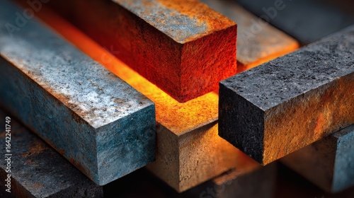 Industrial metal beams forming an abstract geometric composition in a construction setting with cool steel tones.