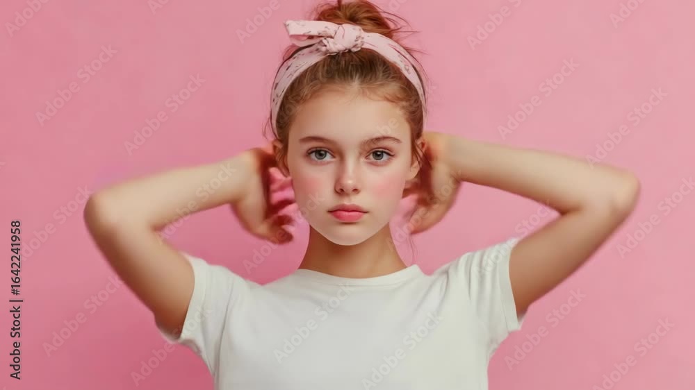 Young woman with pink headband and a simple white t-shirt poses for a portrait against a soft pink backdrop. Young woman with pink headband and a simple white t-shirt poses for a portrait against a soft pink backdrop.