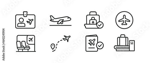 Travel icon set. flat style icons for vacation, tourism, flight, and airport.