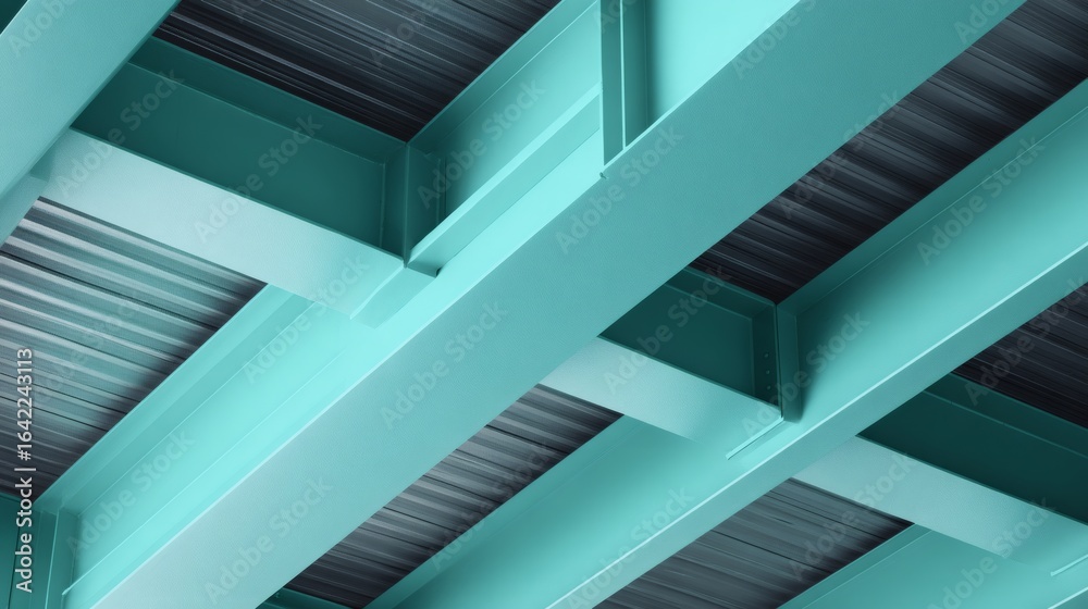 Naklejka premium Industrial metal beams forming an abstract geometric composition in a construction setting with cool steel tones.