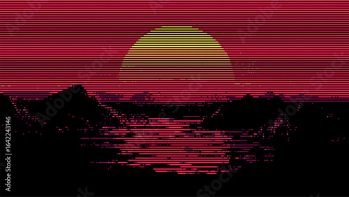 Pixelated sunset over retro mountains and lake art. 80s arcade game style landscape. Digital illustration for vintage synthwave music.