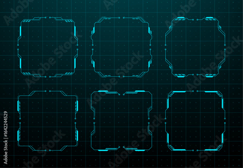 Set of blue futuristic hud frames with abstract geometric shapes on dark background. Digital science fiction screen overlay for ui design.