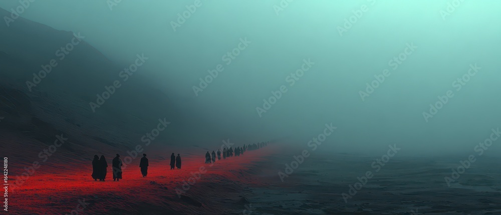 Fototapeta premium Foggy coastline at dusk figures appear