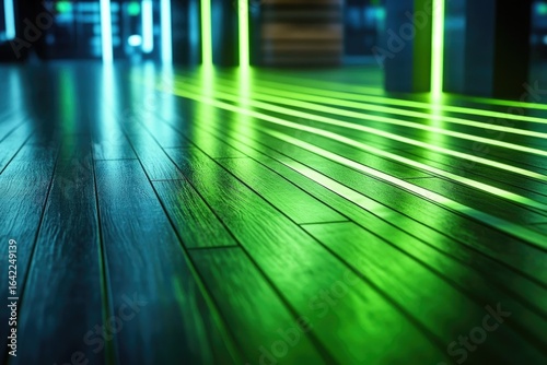 Illuminated hardwood floor with green and blue light streaks creating an abstract and modern ambiance, perspective view.