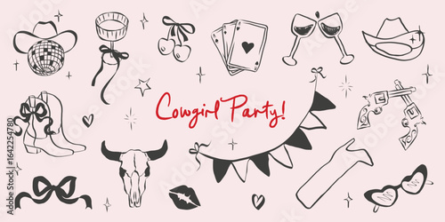 Cowgirl and cowboy set in hand drawn coquette style. Retro whimsical symbols for and girls birthday party. Trendy and cute art for bachelorette invitation. Doodle aesthetic vector illustration