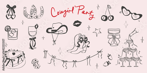 Cowgirl and cowboy set in hand drawn coquette style. Retro whimsical doodles for and girls birthday party. Trendy and cute art for bachelorette invitation. Western aesthetic vector illustration