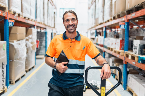 Warehouse worker smiling and holding tablet near pallet jack