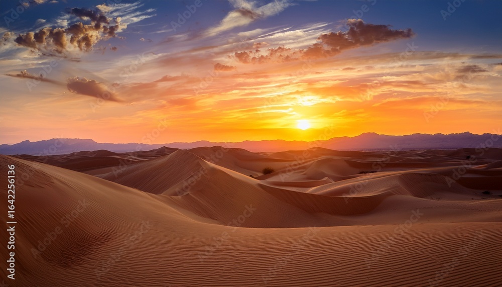 Naklejka premium breathtaking sunset over vast desert with sweeping dunes and colorful sky