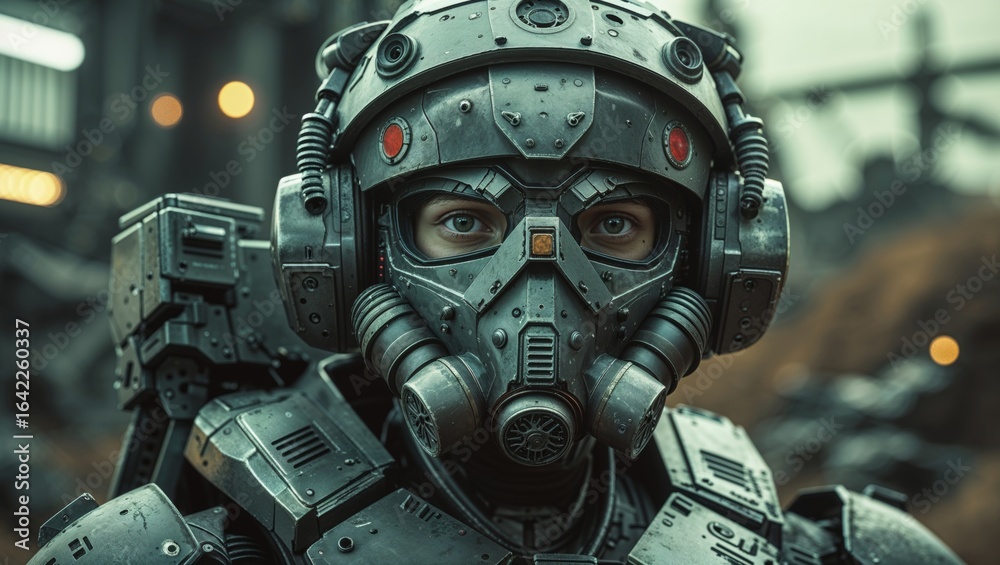 Fototapeta premium Intense portrait of a futuristic soldier in an armored gas mask, staring intently.