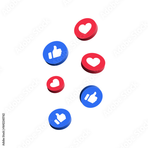 3d Like and love icon button. Thumbs up and Heart flat icon social media background , Vector Social media notification icons. emoji post reactions set. set of flying hearts for live broadcasting