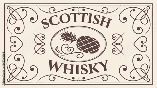 Vintage scottish whisky label design with pineapple illustration for premium alcohol branding and advertising
