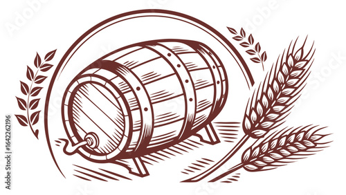 Wooden beer barrel with wheat vector graphic for brewery or distillery logo design and branding needs