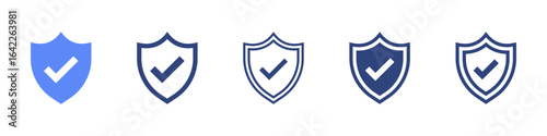 Shield check mark icon or security shield protection icon with tick symbol. blue security shield icon