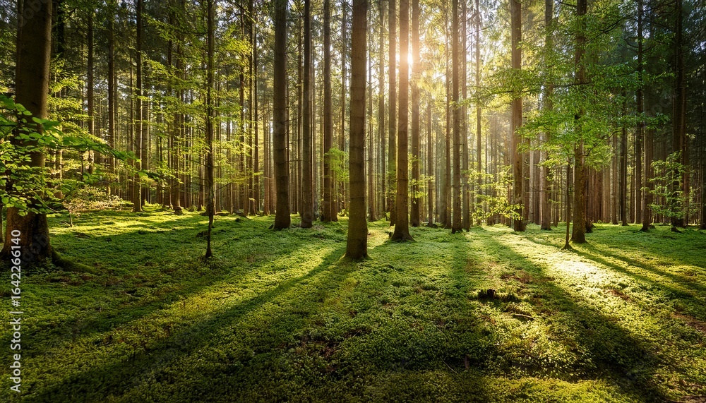 Obraz premium a vibrant forest scene with sunlight filtering through tall trees casting shadows on the lush green grass below