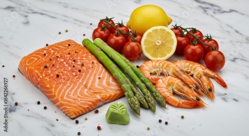 Fresh salmon shrimp asparagus tomatoes and lemon provide a vibrant and healthy culinary experience