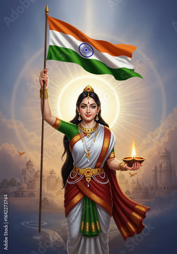 Bharat Mata Radiant with Tricolor Flag Divine Indian Goddess in Ethereal Aura and Traditional Saree