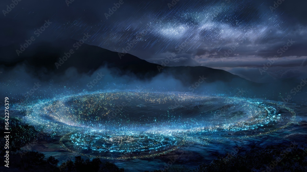 Naklejka premium An otherworldly crater illuminated by glowing preservation symbols beneath a meteor shower.