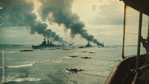 Vintage photograph of a naval battle featuring battleships and small boats at sea with smoke.