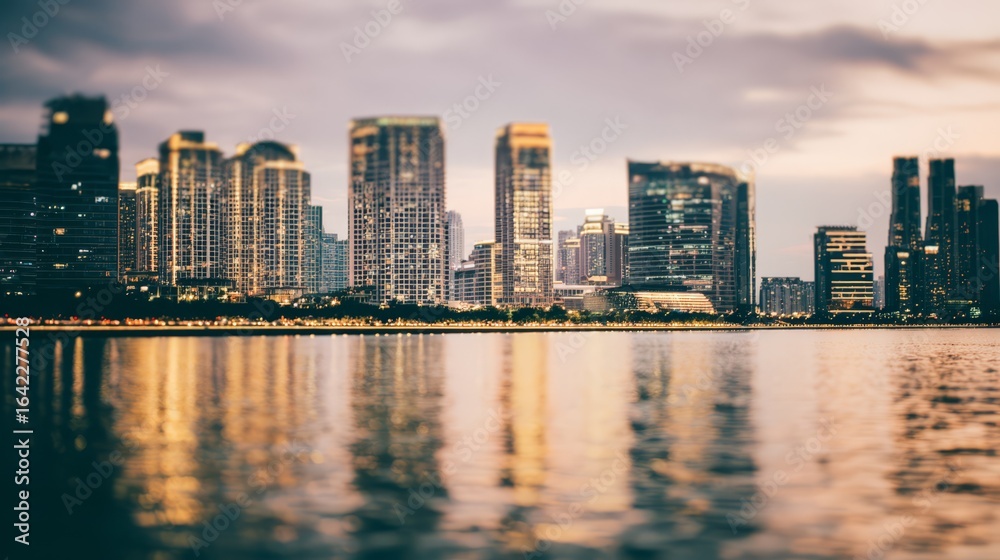 Naklejka premium Modern city skyline glowing at sunset, with towering glass buildings reflecting golden evening light.