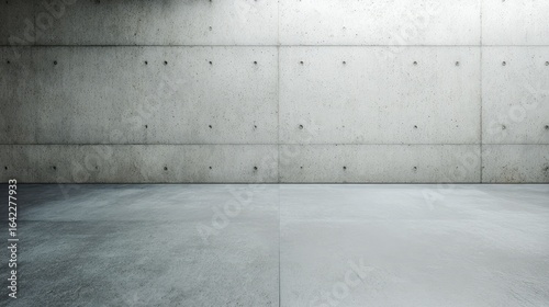 Minimalist concrete interior with smooth floor and textured wall, showcasing contemporary architectural design.