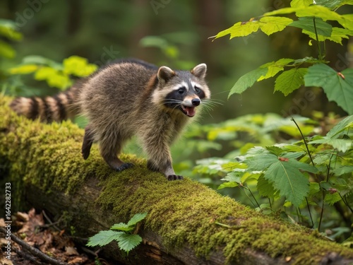 Curious Raccoon on a Mossy Log in the Forest