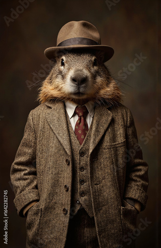 Dapper Groundhog Portrait in a Classic Tweed Suit and Hat