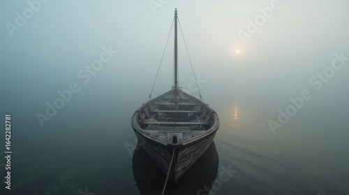 Old Wooden Boat Adrift in Thick Morning Fog