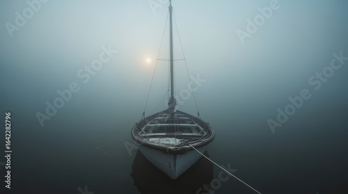 Serene Wooden Boat in a Foggy, Misty Lake at Sunrise